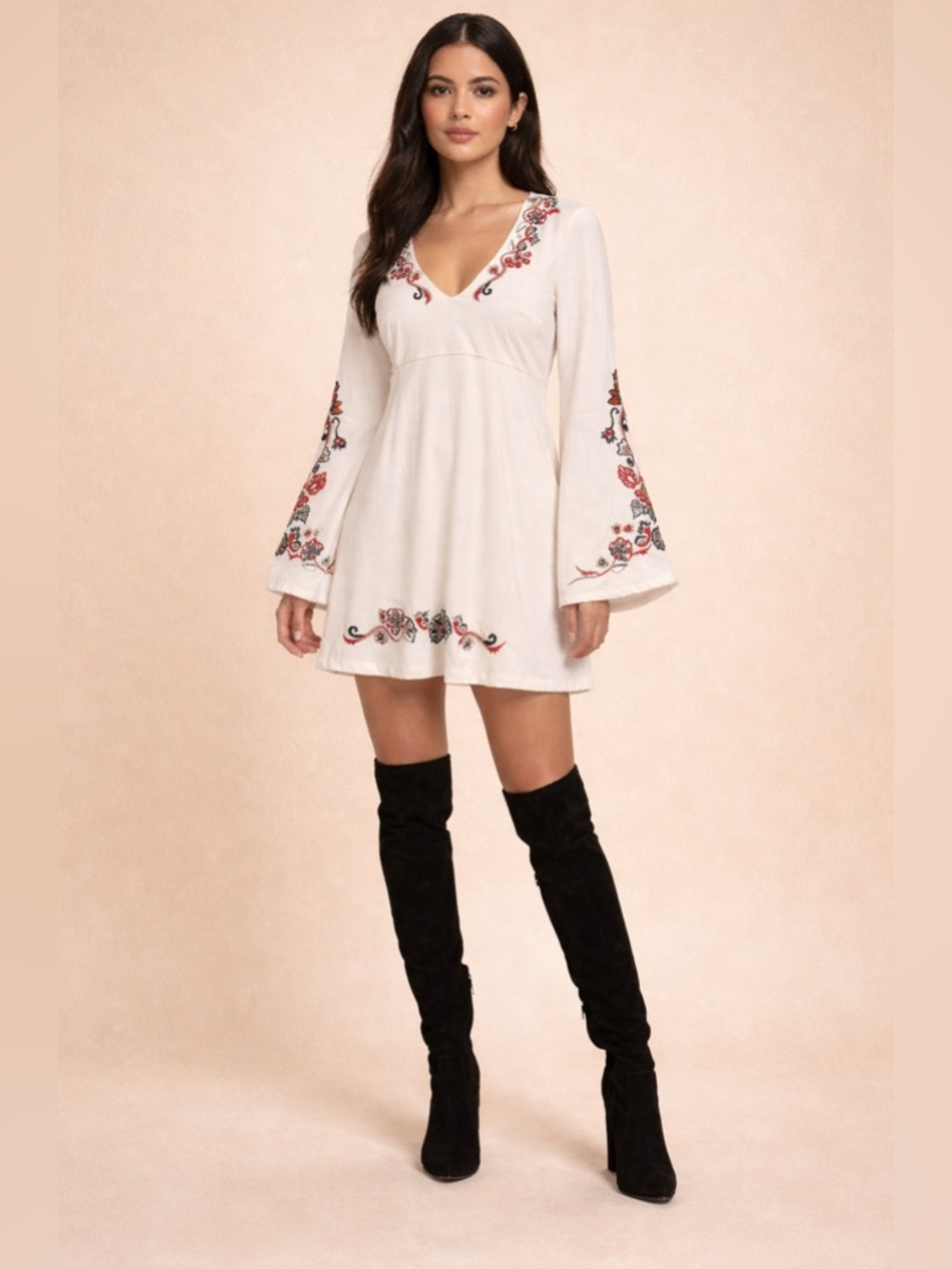 Free People Folk Boho Ivory Embroidery Low Neck Bell Sleeves Mini Dress Size 0